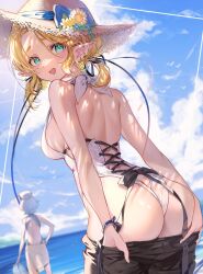 Rule 34 | 2girls, ass, back, bare shoulders, beach, blonde hair, blue sky, blush, bracelet, breasts, butt crack, clothes pull, cloud, day, earrings, flower, from behind, green eyes, hair bun, hair ribbon, hat, hat flower, highres, horizon, jewelry, looking at viewer, looking back, low twintails, medium breasts, medium hair, multiple girls, nintendo, ocean, one-piece swimsuit, open mouth, outdoors, pants, pants pull, pointy ears, princess zelda, purah, ribbon, short twintails, shoulder blades, shuri (84k), sideboob, single hair bun, sky, smile, straw hat, sun hat, sunflower, swimsuit, the legend of zelda, the legend of zelda: breath of the wild, the legend of zelda: tears of the kingdom, thick eyebrows, twintails, undressing, water, white hair, white one-piece swimsuit, white swimsuit