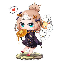 Rule 34 | 1girl, abigail williams (fate), abigail williams (traveling outfit) (fate), balloon, black bow, black jacket, blonde hair, blue eyes, blush, bow, butter, chibi, closed mouth, crossed bandaids, eating, fate/grand order, fate (series), food, fork, fou (fate), full body, hair bow, hair bun, heart, heroic spirit traveling outfit, high heels, highres, holding, holding balloon, holding fork, jacket, koka12312, long sleeves, medjed (fate), official alternate costume, orange bow, pancake, parted bangs, polka dot, polka dot bow, red bow, red footwear, shoes, single hair bun, sleeves past fingers, sleeves past wrists, solo, spoken heart, white background