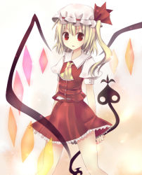 Rule 34 | 1girl, blonde hair, female focus, flandre scarlet, frills, hat, holding, laevatein, looking at viewer, mob cap, neckerchief, open mouth, red eyes, side ponytail, skirt, sleeve cuffs, solo, standing, touhou, wings, yukishiro mafuyu