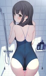 Rule 34 | 1girl, ass, bathroom, black hair, blue one-piece swimsuit, blush, brown eyes, commentary request, cowboy shot, echiru39, from behind, highres, long hair, looking at viewer, looking back, one-piece swimsuit, original, soap bottle, solo, standing, swimsuit, thigh gap, tile floor, tile wall, tiles