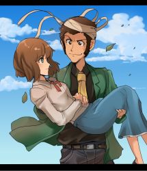 Rule 34 | 1boy, 1girl, arsene lupin iii, bandages, blue eyes, brown eyes, brown hair, carrying, castle of cagliostro, clarisse de cagliostro, cloud, dyson (edaokunnsaikouya), dyson giga drain, leaf, lupin iii, princess carry, sky