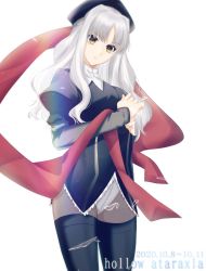 Rule 34 | 1girl, 2020, black hat, black jacket, black pantyhose, caren hortensia, copyright name, dated, fate/hollow ataraxia, fate (series), hat, highres, jacket, leotard, long hair, long sleeves, looking at viewer, pantyhose, red sash, sash, shroud of magdalene, silver hair, simple background, solo, standing, thighhighs, toutou (fufu0o), white background, white leotard, yellow eyes