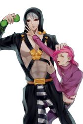 Rule 34 | 2boys, abs, anger vein, aniki kamo, belt, black coat, black sclera, braid, chest harness, coat, colored sclera, frown, harness, hat, height difference, highres, jojo no kimyou na bouken, long hair, long sleeves, multiple boys, pants, phone, pink hair, pink sweater, purple pants, red eyes, risotto nero, short hair, striped clothes, striped pants, sweater, vento aureo, vinegar doppio, white hair