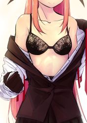 Rule 34 | 1girl, absurdres, armband, bat wings, black bra, black gloves, black skirt, black vest, black wings, bra, breasts, buttons, collarbone, collared shirt, commentary request, cowboy shot, gloves, head out of frame, head wings, highres, koakuma, lace, lace bra, long hair, mokey mokey (artist), off shoulder, open clothes, open shirt, open vest, pleated skirt, red armband, red hair, shirt, sidelocks, simple background, skirt, skirt set, small breasts, smile, solo, touhou, unbuttoned, unbuttoned shirt, underwear, undressing, very long hair, vest, white background, white shirt, wings