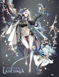 Rule 34 | 1girl, aqua eyes, black gloves, boots, bouquet, breasts, copyright name, elbow gloves, flower, full body, gloves, grey background, hands up, highres, horns, kabi (kb), long hair, medium breasts, pixiv fantasia, pixiv fantasia last saga, pointy ears, rootendorst, solo, standing, tail, thigh boots, thigh gap, thighhighs, white footwear, white hair, white thighhighs
