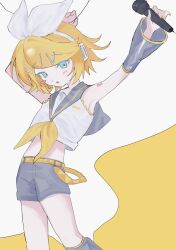 Rule 34 | 1girl, armpits, belt, blonde hair, blue eyes, blush, cowboy shot, crop top, detached sleeves, flat chest, hair ribbon, headphones, highres, holding, holding microphone, kagamine rin, microphone, nial, open mouth, ribbon, short hair, shorts, solo, standing, stretching, vocaloid