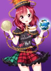 Rule 34 | 1girl, :d, bare shoulders, black choker, black shirt, blush, breasts, chain, choker, clothes writing, commentary request, cowboy shot, earth (ornament), gradient background, green skirt, hands up, head tilt, heart, hecatia lapislazuli, highres, long hair, looking at viewer, miniskirt, moon (ornament), multicolored clothes, multicolored skirt, off-shoulder shirt, off shoulder, open mouth, petticoat, plaid, plaid skirt, purple background, purple skirt, red eyes, red hair, red skirt, ruu (tksymkw), shirt, short sleeves, skirt, small breasts, smile, solo, standing, t-shirt, thighs, touhou