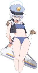 Rule 34 | !?, 1girl, bikini, black jacket, blue archive, blue bikini, blue halo, blue hat, bound, breasts, commentary request, cropped jacket, cropped legs, crossed bangs, disembodied limb, flak jacket, grey hair, hair between eyes, hair over eyes, halo, hand on another&#039;s arm, hat, highres, jacket, looking down, makkurourufu, open clothes, open jacket, open mouth, peaked cap, police hat, restrained, side-tie bikini bottom, simple background, small breasts, solo, swimsuit, twintails, undressing another, valkyrie police academy student (blue archive), white background, yellow eyes