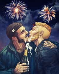Rule 34 | 2boys, aerial fireworks, ake art, arm hair, bara, beanie, beard, black nails, bottle, celebration, chest hair peek, couple, ear piercing, facial hair, fireworks, from side, full beard, hand on another&#039;s shoulder, hat, highres, holding, holding bottle, imminent kiss, jacket, jewelry, leather, leather jacket, male focus, mature male, multiple boys, multiple rings, mustache, mutton chops, new year, old, old man, original, pectoral cleavage, pectorals, piercing, ring, short hair, thick beard, thick chest hair, thick eyebrows, thick mustache, tongue, tongue out, undercut, upper body, wine bottle, wrinkled skin, yaoi