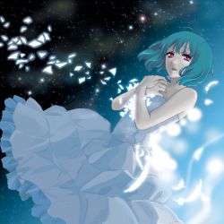 Rule 34 | 1girl, bare shoulders, cero (cerocero), dress, expressionless, feathers, floating hair, green hair, macross, macross frontier, music, ranka lee, red eyes, short hair, singing, sleeveless, sleeveless dress, solo, space, strapless, strapless dress