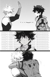Rule 34 | ..., 2boys, anger vein, annoyed, arms around neck, bakugou katsuki, bare shoulders, blush, boku no hero academia, closed mouth, comic, curly hair, english text, eyebrows, freckles, furrowed brow, gloves, high five, highres, hood, hood down, hug, kiwii, looking at another, male focus, mask, midoriya izuku, monochrome, multiple boys, pale skin, sequential, short hair, simple background, spiked hair, white background