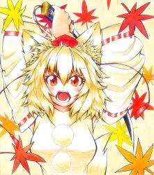 Rule 34 | 1girl, anaakikutushita, animal ears, armpits, autumn leaves, ballpoint pen (medium), blonde hair, breasts, colored pencil (medium), detached sleeves, fighting stance, gradient background, hat, inubashiri momiji, leaf, looking at viewer, maple leaf, millipen (medium), open mouth, pom pom (clothes), red eyes, short hair, solo, sword, tail, tokin hat, touhou, traditional media, weapon, wolf ears, wolf tail