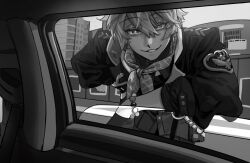 Rule 34 | + +, 1boy, 3000zialg, bishounen, bright pupils, car interior, city, commentary, earrings, gloves, greyscale, grin, half gloves, hand on own hip, highres, jacket, jewelry, looking at viewer, male focus, monochrome, neckerchief, original, police, police badge, police uniform, pov, short hair, smile, solo, symbol-only commentary, uniform, upper body, window