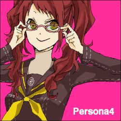 Rule 34 | 1girl, adjusting eyewear, atlus, buzz (moi), glasses, kujikawa rise, lowres, persona, persona 4, pink-framed eyewear, school uniform, solo