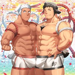 Rule 34 | 2boys, abs, animal ears, bandaid, bandaid on face, bandaid on nose, bara, beads, biceps, black hair, cable, chest hair, chinese new year, colorful, ear wiggle, facial hair, feet out of frame, flower, hairy, hand on another&#039;s hip, highres, hug, large pectorals, male focus, male underwear, manly, mature male, multicolored background, multiple boys, muscular, muscular male, navel, nipples, one eye closed, original, pectoral docking, pectoral press, pectorals, puffy chest, rabbit ears, scar, short hair, shorts, smile, spiked hair, stubble, tail, tan, tepen (tptptpn), thick arms, underwear, water, waves, white hair, yellow eyes