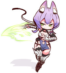 Rule 34 | 1girl, animal ears, blush, breasts, character request, chibi, cleavage, closed mouth, collarbone, dragalia lost, fox ears, green eyes, holding, holding knife, holding weapon, knife, looking at viewer, looking away, medium breasts, naga u, navel, purple hair, short hair, smile, solo, weapon