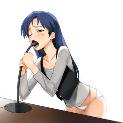 Rule 34 | 00s, 1girl, a1 (initial-g), bad food, bent over, blue hair, blush, brown eyes, eating, fellatio, highres, idolmaster, idolmaster (classic), kisaragi chihaya, microphone, no pants, one eye closed, open mouth, oral, panties, sexually suggestive, simulated fellatio, solo, sweat, underwear, white panties, you&#039;re doing it wrong