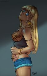 Rule 34 | 1girl, 2020, 3eep, artist name, blonde hair, blue eyes, bracelet, chest tattoo, closed mouth, crying, crying with eyes open, dark skin, denim, denim shorts, earrings, emergence (shindol), from side, gyaru, hands on own stomach, highres, jewelry, long hair, looking at viewer, necklace, pink nails, ring, shorts, signature, simple background, solo, star (symbol), tattoo, tears, yoshida saki