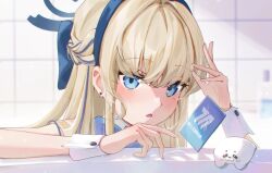 Rule 34 | 1girl, blonde hair, blue archive, blue bow, blue eyes, blush, bow, braid, commentary, earrings, english commentary, facing viewer, french braid, hair bow, halo, jewelry, lazy cat, long hair, looking at object, official art, open mouth, solo, stud earrings, toki (blue archive), toki (bunny) (blue archive), wrist cuffs