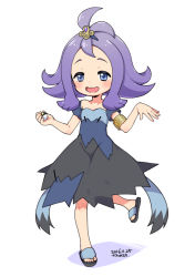 Rule 34 | 1girl, :d, acerola (pokemon), armlet, blue eyes, blush, creatures (company), dated, dress, elite four, flipped hair, full body, game freak, holding, holding poke ball, kanya pyi, leg up, nintendo, open mouth, poke ball, pokemon, pokemon sm, purple hair, sandals, short hair, simple background, smile, solo, standing, standing on one leg, stitches, topknot, torn clothes, torn dress, trial captain, ultra ball, white background