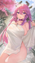 Rule 34 | 1girl, animal ears, breasts, catsmoon, cherry blossoms, choker, fox ears, genshin impact, hair ornament, highres, large breasts, looking at viewer, naked towel, onsen, outdoors, parted lips, pink hair, purple choker, purple eyes, solo, thighs, towel, yae miko