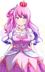 Rule 34 | 1girl, bow, candy hair ornament, crescent, crescent earrings, crescent necklace, crown, detached collar, dress, earrings, food-themed hair ornament, frilled dress, frills, gradient hair, green eyes, hair ornament, heterochromia, highres, himemori luna, himemori luna (1st costume), hololive, jewelry, long hair, multicolored hair, necklace, o3o, off-shoulder dress, off shoulder, pink bow, pink dress, pink hair, pink skirt, puffy short sleeves, puffy sleeves, purple eyes, purple hair, rabusenn, short sleeves, simple background, skirt, solo, standing, star (symbol), star necklace, virtual youtuber, wavy hair, white background