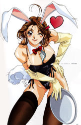 Rule 34 | 1girl, animal ears, antenna hair, arm strap, between breasts, black leotard, black thighhighs, blush stickers, breasts, brown hair, cleavage, cowboy shot, detached collar, earrings, elbow gloves, fake animal ears, fake tail, gloves, gluteal fold, hand on own hip, heart, highleg, highleg leotard, holding, holding tray, hoop earrings, jewelry, large breasts, leaning forward, leotard, lipstick, long hair, looking at viewer, makeup, one eye closed, playboy bunny, rabbit ears, rabbit tail, red eyes, red lips, shiny skin, side-tie leotard, smile, solo, tail, thighhighs, tray, umetsu yukinori, yellow gloves