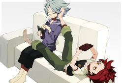 Rule 34 | 2boys, annoyed, bad id, bad pixiv id, barefoot, book, couch, closed eyes, feet, foot on head, handheld game console, harano, inazuma eleven, inazuma eleven (series), multiple boys, nagumo haruya, nintendo ds, open book, reading, red hair, short hair, suzuno fuusuke, white hair, white upholstery, yellow eyes