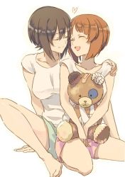 Rule 34 | 10s, 2girls, ^ ^, alternate costume, arm around shoulder, arm sling, arm support, bandages, bandaid, blouse, boko (girls und panzer), brown hair, closed eyes, cosmic (crownclowncosmic), girls und panzer, heart, holding, holding stuffed toy, incest, light brown hair, multiple girls, nishizumi maho, nishizumi miho, shirt, shorts, siblings, simple background, sisters, sitting, smile, stitches, stuffed animal, stuffed toy, t-shirt, teddy bear, v arms, white background, white shirt, yuri