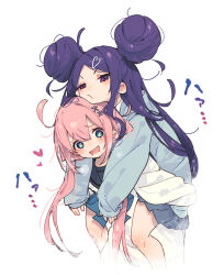 Rule 34 | 2girls, ahoge, black sailor collar, blue bow, blue bowtie, blue eyes, blush, bow, bowtie, carrying, carrying person, chin rest, commentary request, double-parted bangs, double bun, drooling, grey hoodie, grey skirt, hair bun, hair ornament, hairclip, hamayumiba sou, head on head, head rest, heart, heart hair ornament, heavy breathing, highres, hood, hoodie, long hair, long sleeves, looking at viewer, loose hair strand, low twintails, miniskirt, multiple girls, ochikobore fruit tart, parted bangs, piggyback, pink hair, pleated skirt, purple eyes, purple hair, sailor collar, sakura ino, school uniform, sekino roko, serafuku, side up bun, simple background, skirt, sleeves past wrists, star-shaped pupils, star (symbol), sweater, symbol-shaped pupils, twintails, v-shaped eyebrows, vignetting, white background, white sweater