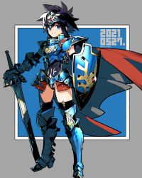 Rule 34 | 1girl, black hair, blue eyes, cape, circlet, dated, dragon quest, dragon quest iii, elbow gloves, gender request, genderswap, gloves, hat, highres, long hair, looking at viewer, mitre, roto (dq3), sasaki tomomi, short hair, smile, solo, sword, weapon