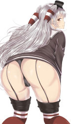 Rule 34 | 10s, 1girl, amatsukaze (kancolle), ass, black dress, black panties, blush, brown eyes, dress, from behind, garter straps, hair tubes, huge ass, kantai collection, kneeling, leaning, leaning forward, long hair, looking at viewer, looking back, panties, partially visible vulva, red thighhighs, sailor dress, shiny skin, silver hair, smile, solo, striped clothes, striped thighhighs, thighhighs, thong, two side up, underwear, white background, yaminaberyouri