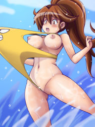 Rule 34 | 1girl, blush, bouncing breasts, breasts, brown eyes, brown hair, censored, clitoris, day, heart, heart censor, high ponytail, kawai iyona, living clothes, long hair, magical taruruuto-kun, medium breasts, nipples, one-piece swimsuit, open mouth, outdoors, ponytail, pussy, solo, surprised, swimsuit, tears, tsumitani daisuke, water, wet