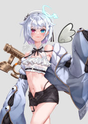 Rule 34 | absurdres, amemiya nazuna, angel wings, black shorts, blue eyes, bokeda, breasts, cleavage, cleavage cutout, clothing cutout, commentary, earrings, english commentary, fang, halo, hat, heterochromia, highres, jacket, jewelry, key, long sleeves, looking at viewer, navel, open fly, red eyes, shirt, short hair, short shorts, shorts, skin fang, sleeves past fingers, sleeves past wrists, strapless, thigh strap, thighs, tube top, unbuttoned, virtual youtuber, vshojo, white hair, white hat, white jacket, white shirt, wings