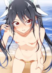 Rule 34 | beach, bikini, bikini bottom only, black hair, blue hair, blush, breasts, collarbone, colored tips, flat chest, gold bikini, hair between eyes, hair ribbon, hand on own thigh, highres, holding, holding hair, leaning forward, long hair, micro bikini, multicolored hair, navel, nipples, ocean, open mouth, ore twintail ni narimasu, outdoors, red eyes, ribbon, shiny skin, small breasts, smile, stomach, swimsuit, topless, tsube aika, twintails, two-tone hair, very long hair, white ribbon, yuto (dialique)