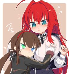 Rule 34 | 2girls, ?, ahoge, aqua eyes, black capelet, black corset, black ribbon, blue eyes, breast envy, breasts, brown hair, capelet, corset, crossed bangs, crossover, flat chest, gloves, grabbing, grabbing another&#039;s breast, green eyes, groping, hair intakes, hair ribbon, hairband, hebijo academy uniform, height difference, heterochromia, high school dxd, highres, hikasa youko, huge breasts, kuoh academy school uniform, lets0020, long hair, long sleeves, low twintails, military, military uniform, motion blur, multiple girls, red hair, red hairband, rias gremory, ribbon, ryoubi (senran kagura), school uniform, senran kagura, senran kagura new link, shirt, sleeve cuffs, squiggle, tears, trait connection, twintails, uniform, very long hair, voice actor connection, white gloves, white shirt, yuri