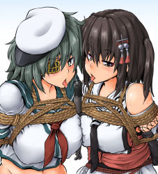 Rule 34 | 10s, 2girls, alternate breast size, arms behind back, asymmetrical docking, bare shoulders, bdsm, black eyes, black gloves, bondage, bound, breast press, breasts, brown hair, elbow gloves, eyepatch, fishnets, gloves, green eyes, green hair, hair ornament, hat, kantai collection, kiso (kancolle), large breasts, looking at viewer, medium breasts, midriff, multiple girls, navel, neckerchief, nokishita kumoemon, open mouth, remodel (kantai collection), rope, sailor hat, school uniform, sendai (kancolle), serafuku, shibari, short hair, short sleeves, sideways hat, simple background, sleeveless, sweat, tongue, tongue out, torpedo, two side up, upper body