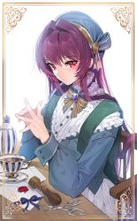 Rule 34 | 1girl, alternate costume, breasts, chair, cup, damda, fate/grand order, fate (series), hair intakes, hat, letter, lolita fashion, long hair, long sleeves, looking at viewer, paper, puffy long sleeves, puffy sleeves, purple hair, red eyes, ribbon, scathach (fate), scissors, seal (animal), skirt, solo, stamp, table, teacup, wax seal