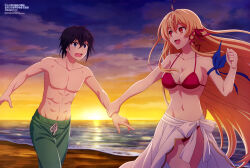 1boy 1girl :d absurdres aliceliese_lou_nebulis_ix bare_arms beach bikini black_eyes black_hair blonde_hair breasts cleavage collarbone copyright_name eye_contact floating_hair groin hair_ribbon halterneck highres holding_another&#039;s_wrist iska_(kimisen) kimi_to_boku_no_saigo_no_senjou_arui_wa_sekai_ga_hajimaru_seisen long_hair looking_at_another male_swimwear navel ocean open_mouth outdoors red_bikini red_eyes red_ribbon ribbon running sarong short_hair sideboob smile sunset swimsuit topless_male underboob very_long_hair wavy_mouth