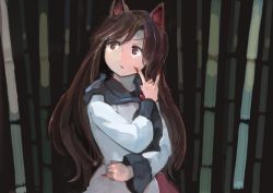 Rule 34 | 1girl, \m/, animal ears, bamboo, bamboo forest, bamboo forest of the lost, brown hair, dress, fingernails, forest, ichiba youichi, imaizumi kagerou, jewelry, long fingernails, long hair, long sleeves, nail polish, nature, red eyes, solo, touhou, wide sleeves, wolf ears