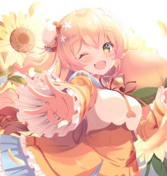 Rule 34 | 1girl, bell, blonde hair, bloom, breasts, bun cover, day, dress, fang, flower, food, frilled dress, frills, fruit, green eyes, highres, hololive, jingle bell, leaf, long hair, looking at viewer, momosuzu nene, one eye closed, open mouth, orange dress, padio apple, peach, red ribbon, ribbon, solo, sunflower, sunlight, very long hair, virtual youtuber, wavy hair