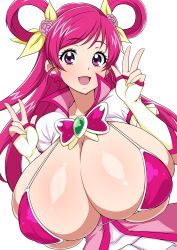 Rule 34 | 1girl, :d, absurdres, alternate breast size, bikini, breasts, commentary request, cure dream, double w, fingerless gloves, gloves, hair rings, highres, huge breasts, jabara tornado, long hair, looking at viewer, open mouth, pink bikini, pink eyes, pink hair, precure, simple background, smile, solo, swimsuit, w, white background, white gloves, yes! precure 5, yumehara nozomi