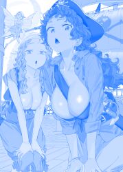 Rule 34 | 3girls, :o, bandana, blue theme, bracelet, breasts, cleavage, collarbone, commentary request, curly hair, earrings, fairy, fairy wings, front-tie top, getsuyoubi no tawawa, hair between breasts, hands on own knees, hat, highres, himura kiseki, hoop earrings, jewelry, large breasts, long hair, looking at viewer, monochrome, multiple girls, open mouth, pants, pirate hat, shirt, skull and crossbones, squatting, sword, weapon, wings