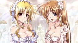 Rule 34 | 2girls, bardiche (nanoha), bardiche (standby form) (nanoha), blonde hair, blue eyes, blue ribbon, blurry, blurry background, breasts, brown hair, cleavage, closed mouth, clothes pull, commentary request, commission, crossed arms, depth of field, dress, dress pull, earrings, elbow gloves, fate testarossa, female focus, flower, gloves, hair flower, hair ornament, hair ribbon, hair up, highres, jewelry, kuroi mimei, light blush, light particles, light smile, long hair, looking at viewer, lyrical nanoha, mahou shoujo lyrical nanoha strikers, mannequin, medium breasts, multiple girls, neck ring, one eye closed, open mouth, pink dress, pulling own clothes, raising heart, raising heart (standby mode), red eyes, ribbon, short hair, side ponytail, sidelocks, skeb commission, smile, strapless, strapless dress, takamachi nanoha, wedding dress, white dress, white gloves, wife and wife, wink, yuri