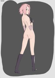Rule 34 | 1girl, absurdres, ananab, artist name, ass, back, black background, black footwear, black gloves, boots, border, closed mouth, covering privates, covering breasts, elbow pads, female focus, from behind, full body, gloves, gluteal fold, green eyes, haruno sakura, heels, highres, huge filesize, kneehighs, kneepits, looking at viewer, looking back, naruto (series), no background, nude, pink hair, self-upload, short hair, simple background, socks, solo, standing, white border