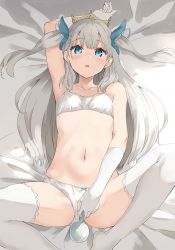 Rule 34 | 1girl, absurdres, arms up, bad id, bad pixiv id, bare shoulders, bed sheet, blue eyes, blue ribbon, blush, bow, bow panties, bra, breasts, clothing aside, collarbone, commentary request, crown, elbow gloves, gloves, grey hair, gyuunyuu nomio, hair ribbon, highres, holding, long hair, looking at viewer, lying, navel, no shoes, on back, original, panties, panties aside, parted lips, ribbon, small breasts, solo, spread legs, thighhighs, two side up, underwear, underwear only, very long hair, white bra, white gloves, white panties, white thighhighs
