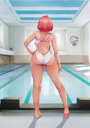 Rule 34 | 1girl, absurdres, ahoge, arm at side, artist logo, ass, backless swimsuit, bare arms, bare legs, barefoot, competition swimsuit, dated, from behind, hand on own hip, heel up, highleg, highleg swimsuit, highres, indoors, kneepits, one-piece swimsuit, original, peng peng, pink hair, pool, poolside, short hair, solo, standing, swimsuit, thighs, water, white one-piece swimsuit