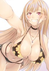 Rule 34 | 1girl, absurdres, armpits, bare arms, bare shoulders, bikini, black choker, blonde hair, breasts, choker, cleavage, clenched teeth, collarbone, commentary request, cowboy shot, dot nose, ear piercing, earrings, floral print, forehead, highres, jewelry, kitagawa marin, large breasts, leaning forward, long hair, navel, necklace, o-ring, o-ring top, outstretched arm, piercing, side-tie bikini bottom, simple background, solo, sono bisque doll wa koi wo suru, stomach, swimsuit, teeth, thigh gap, thighs, very long hair, white background, wochi