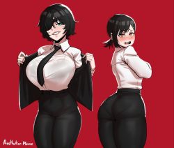 Rule 34 | 2girls, absurdres, aestheticc-meme, artist name, ass, black hair, black necktie, black pants, blush, bra, bra visible through clothes, breasts, chainsaw man, eyepatch, green eyes, higashiyama kobeni, highres, himeno (chainsaw man), huge ass, huge breasts, jacket, lace, lace-trimmed bra, lace trim, long sleeves, looking at viewer, multiple girls, necktie, open mouth, pants, pantylines, red background, see-through, shirt, shirt tucked in, short hair, smile, sweat, thick thighs, thighs, tight clothes, tight pants, underwear, white shirt, yellow eyes