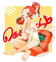 Rule 34 | 1girl, barefoot, bracelet, breasts, brown eyes, camisole, cleavage, closed mouth, commentary, english text, food, food on face, green shorts, heart, highres, holding, holding food, ika shicomcom, jewelry, ketchup, ketchup bottle, licking lips, looking at viewer, makeup, medium breasts, nintendo, octoling, octoling girl, octoling player character, one eye closed, outline, red hair, shirt, short hair, short ponytail, shorts, sidelocks, sitting, smile, solo, strap slip, suction cups, tentacle hair, tomato, tongue, tongue out, white outline, white shirt, yellow background